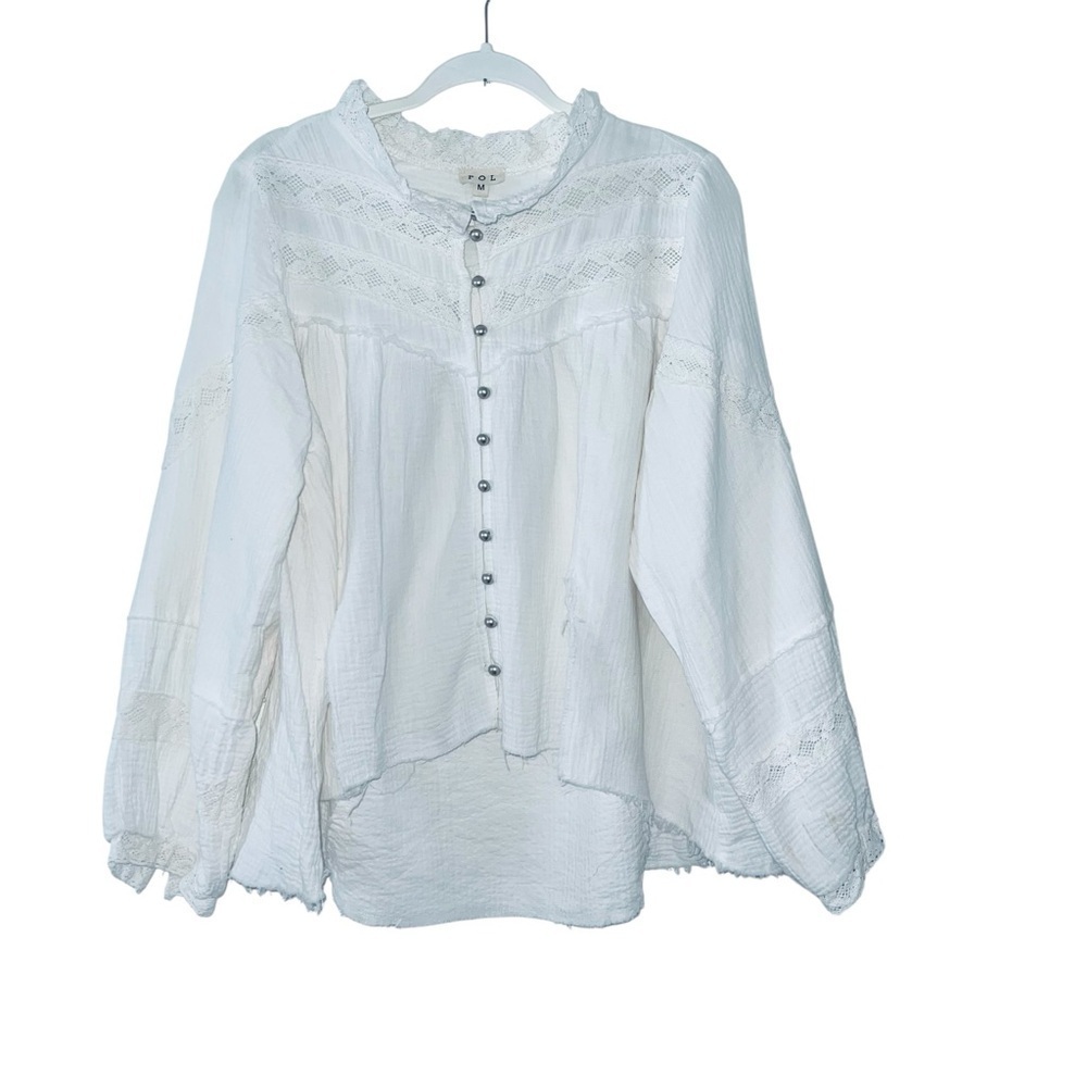 POL White Lace Button-Up Blouse